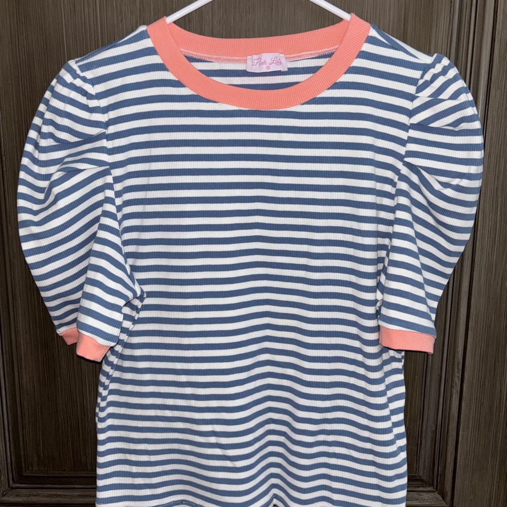 Pink Lily Coral and Navy Striped Top
